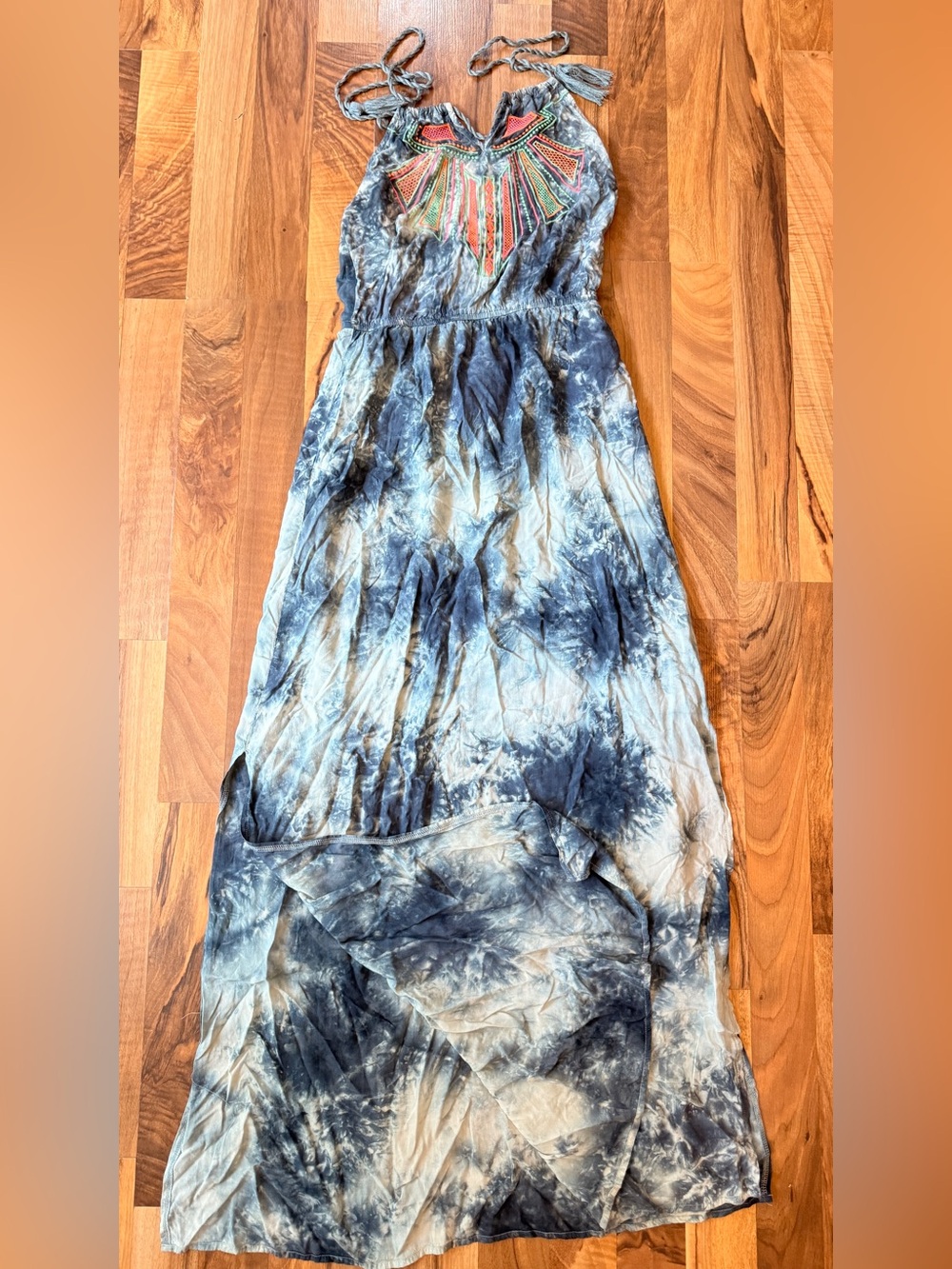 Flying Tomato Blue Tie-Dye Maxi Dress with Multicolor Beaded Neck